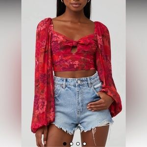 For love and lemons cropped red floral blouse